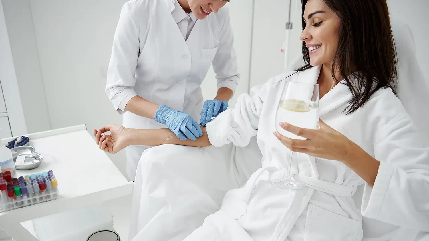Patient receiving IM injections at a clinic.